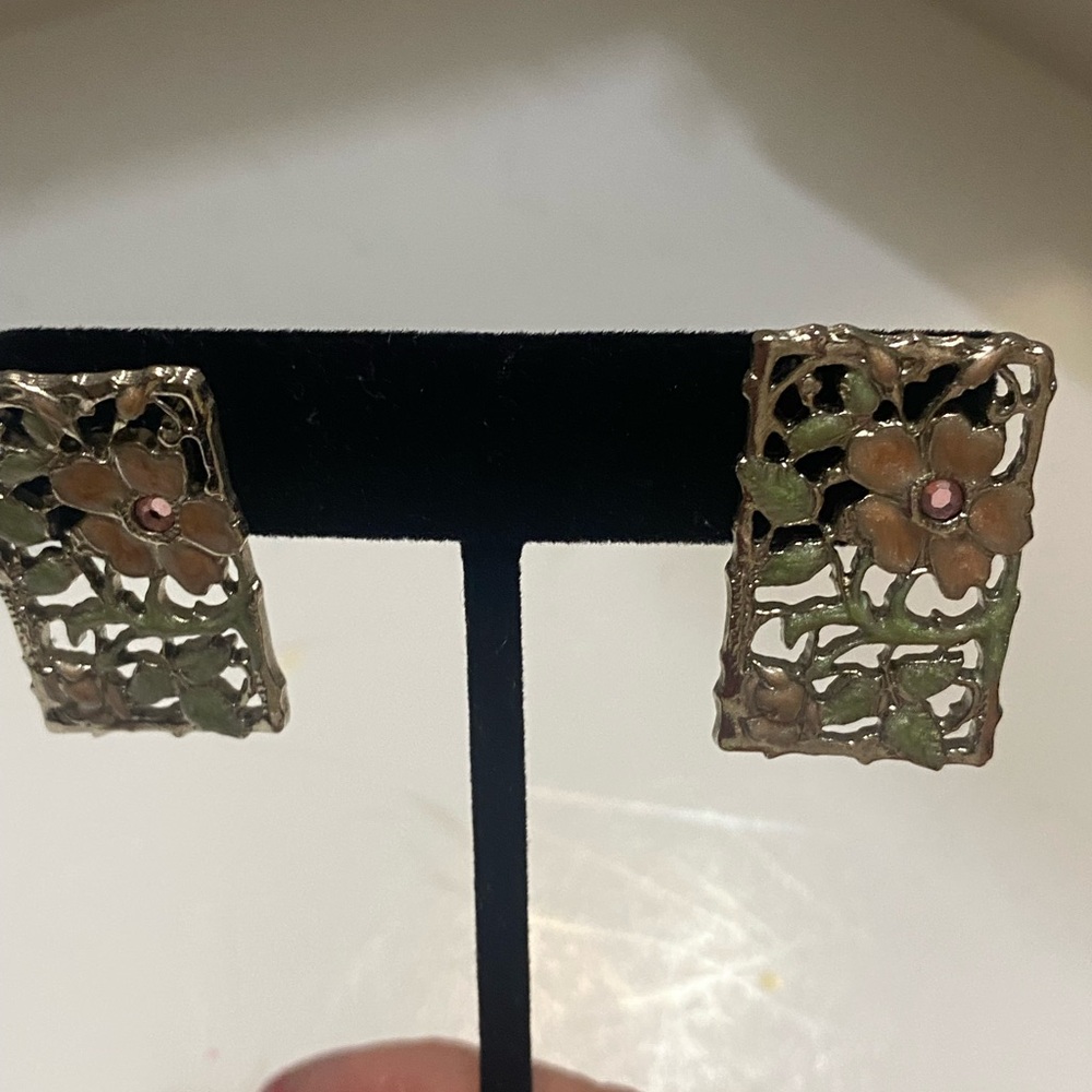 Floral Enamel Rectangle Drop Earrings - Pink and Green - Picture 2 of 5